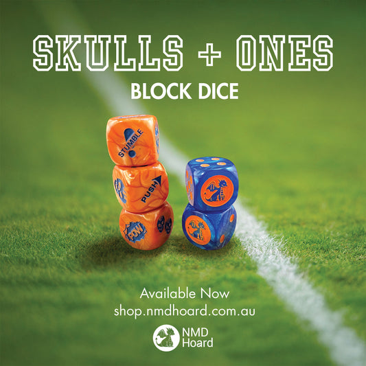 Stack of 3 orange D6 action block dice and a stack of 2 blue dot D6 for fantasy football.