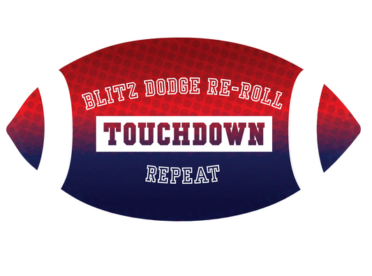 Red and blue football-shaped object with text on a white background