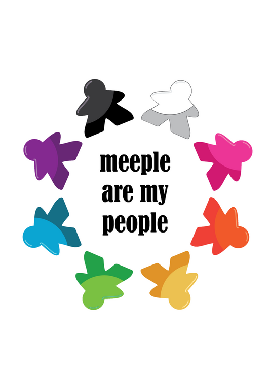 Colorful game piece icons with 'meeples' and text 'meeples are my people' on a white background
