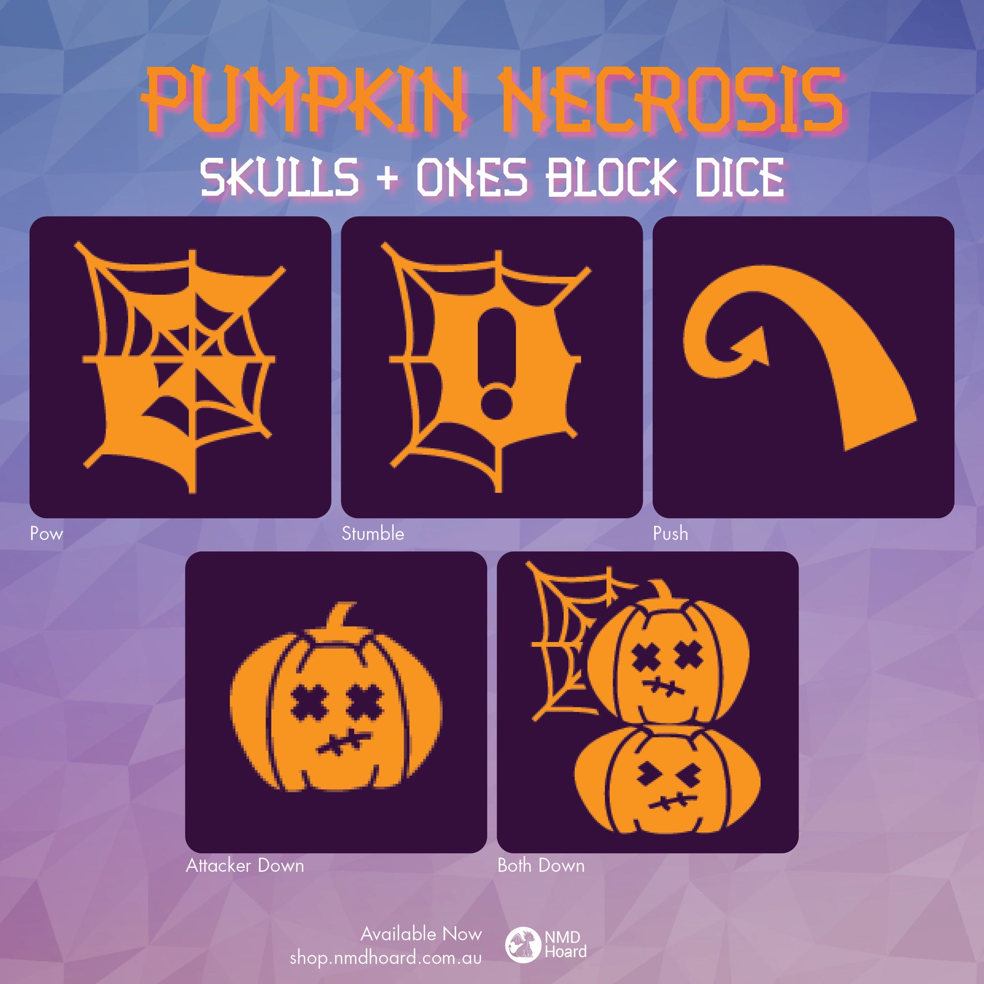 Purple acrylic 16mm set of block dice with Orange infill. Featuring pumpkin and cobweb symbols for Pow, Stumble, Push, Attacker Down, and Both Down.