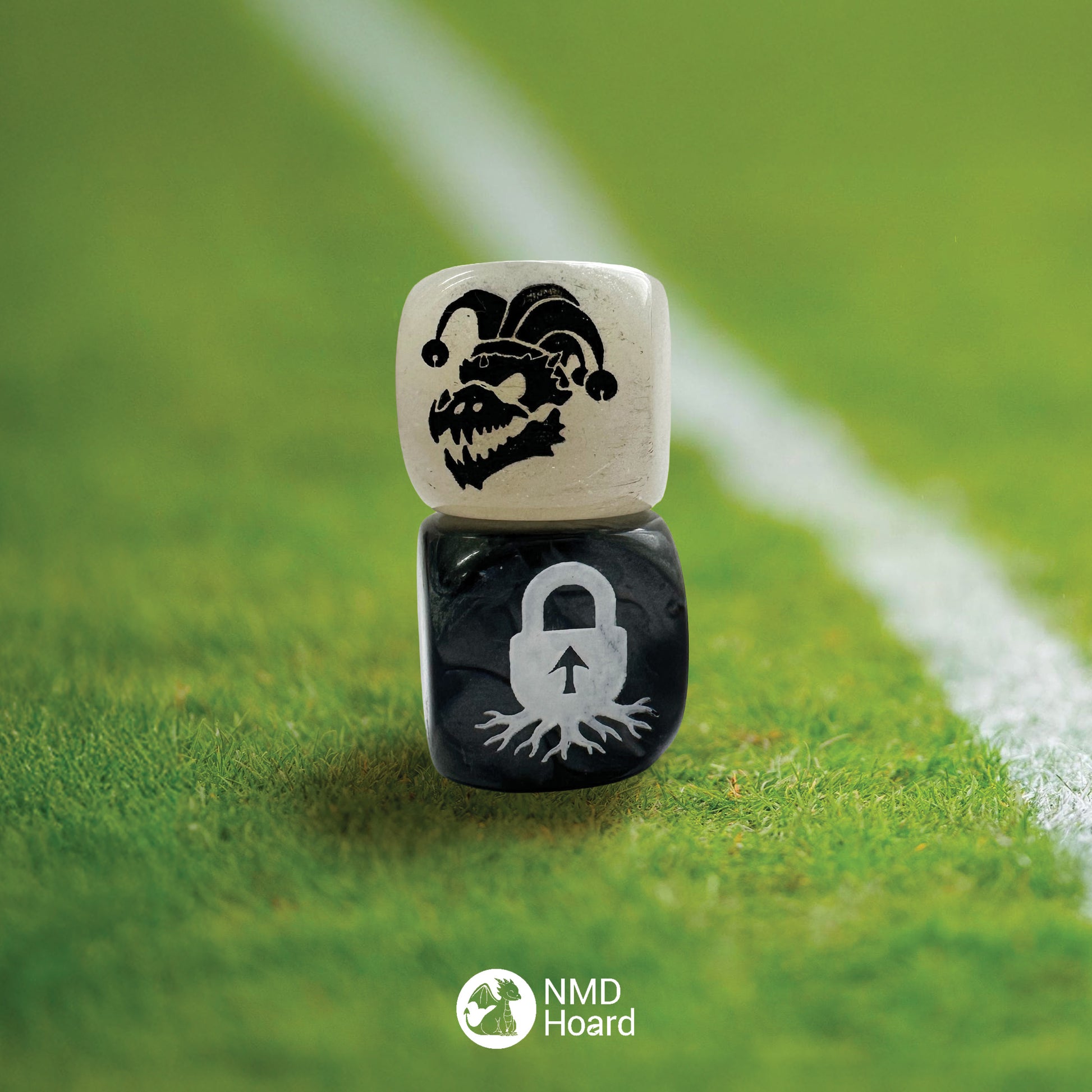Stacked 16mm acrylic D6. Top dice is white featuring a dinosaur bone skull with a three pointed jester hat representing 'bone head' in black infill and 5 blank sides. Bottom dice is black featuring a padlock growing roots with an arrow as the key lock representing 'rooted' in white infill and 5 blank sides.